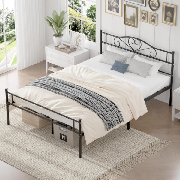 VECELO Metal Platform Bed Frame with Headboard & Footboard, Steel Slats Mattress Foundation, No Box Spring Needed, Queen, Charcoal Black