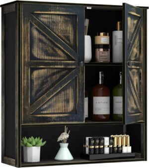 Bathroom Cabinet Wall Mounted with 2 Door Adjustable Shelves Bamboo Bathroom Wall Cabinet Over The Toilet Storage Medicine Cabinets for Bathroom Kitchen Laundry Room