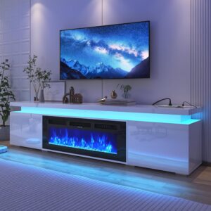 71Inch LED TV Stand with 40In Fireplace for 80Inch TV, Modern Fireplace TV Stand with Power Outlet, High Gloss TV Console Entertainment Center with Storage for Living Room (71 Inch, White)