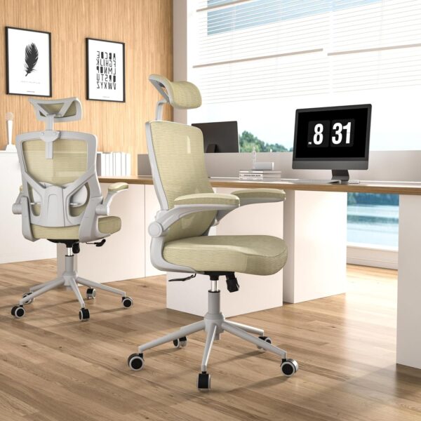 Home Office Chair, Ergonomic Comfy Desk Chair, High Back Computer Chair- Adjustable Headrest with Flip-Up Arms, Lumbar Support, Swivel Executive Task Chair (Modern, Beige)