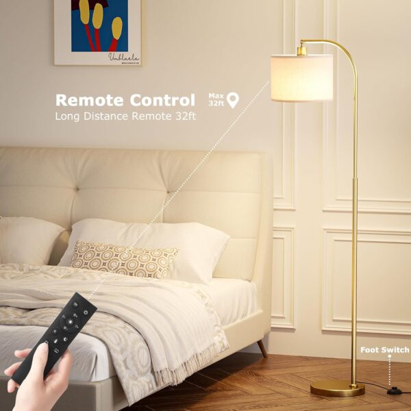 Ambimall Gold Arc Floor Lamp with Remote - Dimmable Bulb, Colors Temperature Adjustable, Easy Assembly, Modern Standing Lamp for Living Room Bedroom Office Reading Room Nursery (Beige Linen Shade)
