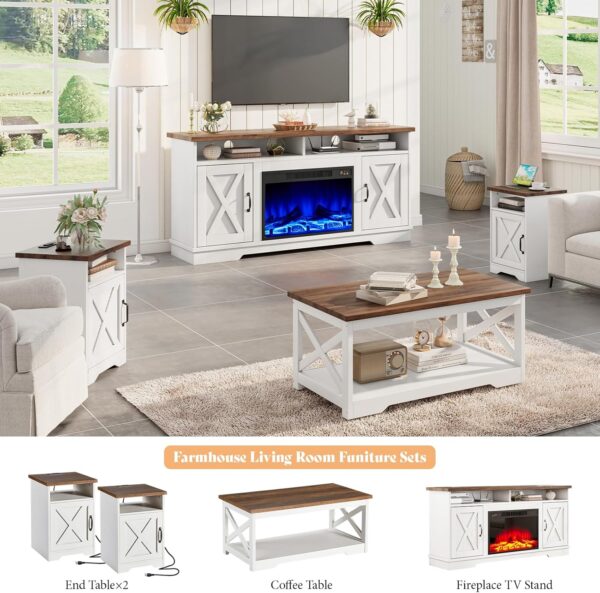 AMERLIFE 5-Piece Farmhouse Table Set Include 63" TV Stand with 26" Fireplace, 40" Coffee Table, 2 End Tables with Charging Station & USB Ports, Living Room Table Sets with Barn Door, Rustic Oak&White