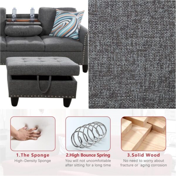 Sectional Couches with Ottoman Storage, Lounge Modular Sectional Sofa with Reversible Cup Holder, Modern Nail-Head L Shaped Couch for Living Room Furniture Sets, Bedroom, Gray