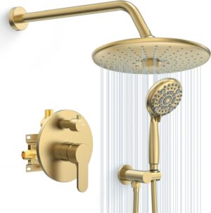 SR SUN RISE Shower Faucet - 10 Inch Multifunctional High Pressure Shower Head System with Handheld Shower Head Fixtures - Valve Included - Brushed Gold