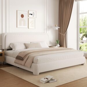 Queen Size Boucle Bed Frame, Upholstered Cloud Platform Bed Frame with Headboard, Anti-Collision Soft Rounded Corners, No Box Spring Required, Easy Assembly, Noise Free, Adjustable Headboard