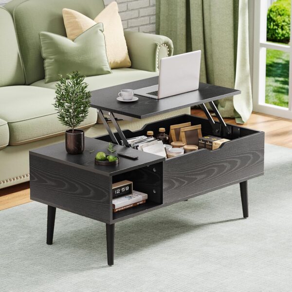 OLIXIS Wood Lift Top Coffee Table with Hidden Compartment and Large Storage Shelf, Lift Tabletop Dining Center Table for Home Living Room Office, Black