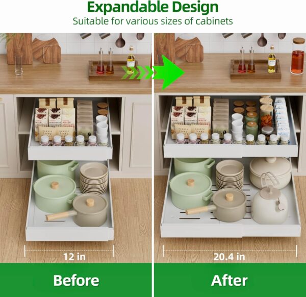 4 Pack Pull Out Cabinet Organizer Expandable (12"-20“ Width), 21'' Deep Pull Out Drawers for Cabinets, Adhesive with Nano Film, Heavy Duty Sliding Drawer for Pantry in Kitchen, Bathroom (White)