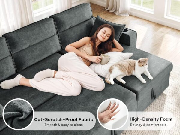 YITAHOME 85" Sleeper Sofa, Convertible Sofa Bed Couch with Pullout Bed for Living Room, L-Shaped Sectional Sofa with Cup Holder Phone Holder USB Ports, 2 Pillows and Side Pocket, Dark Grey
