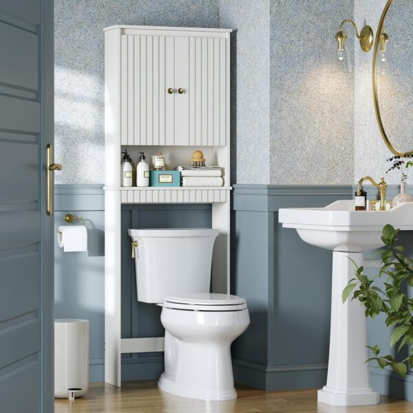 Over The Toilet Storage Cabinet, Over Toilet Storage with Fluted Door, Over The Toilet Storage Bathroom Organizer, Bathroom Shelf Over Toilet, Behind The Toilet Storage Cabinet Organizer, White