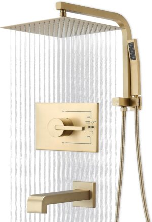 Brushed Gold Shower Fixtures, Gold Shower Faucet Set with 12 Inch Gold Shower Heads with Handheld Spray Combo and Tub Spout, Shower Systems with Rain Shower and Handheld (Valve Included)