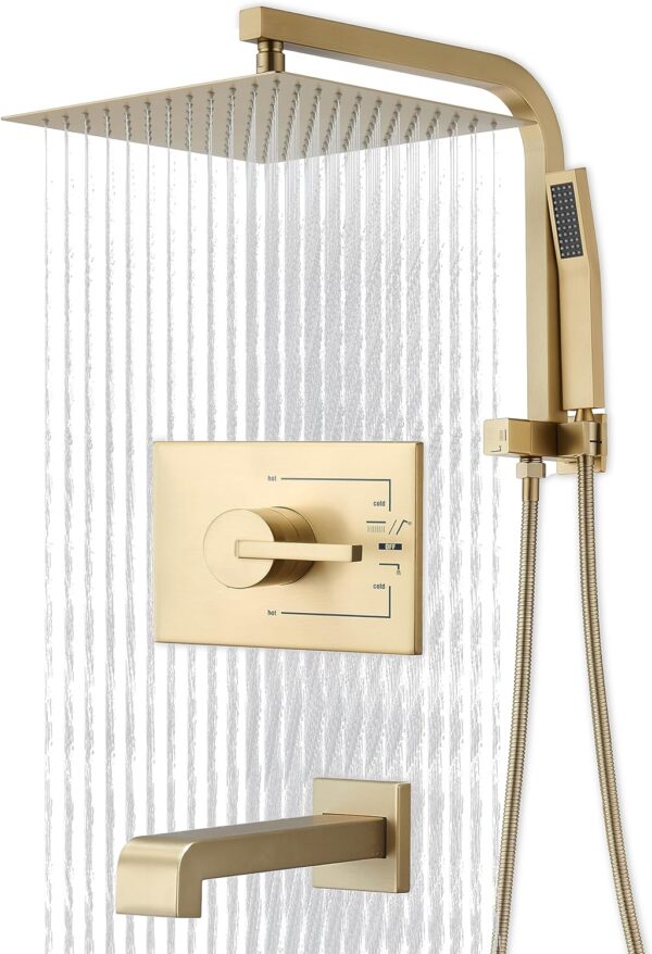 Brushed Gold Shower Fixtures, Gold Shower Faucet Set with 12 Inch Gold Shower Heads with Handheld Spray Combo and Tub Spout, Shower Systems with Rain Shower and Handheld (Valve Included)