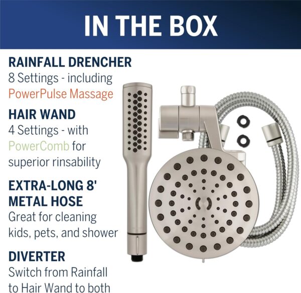 Waterpik High Pressure Pulsating Shower Wand and Rain Shower Head Combo with Extra-Long 8-Foot Metal Hose, HairWand Pulse Spa System 12 Spray Modes for Hair and Body, Brushed Nickel