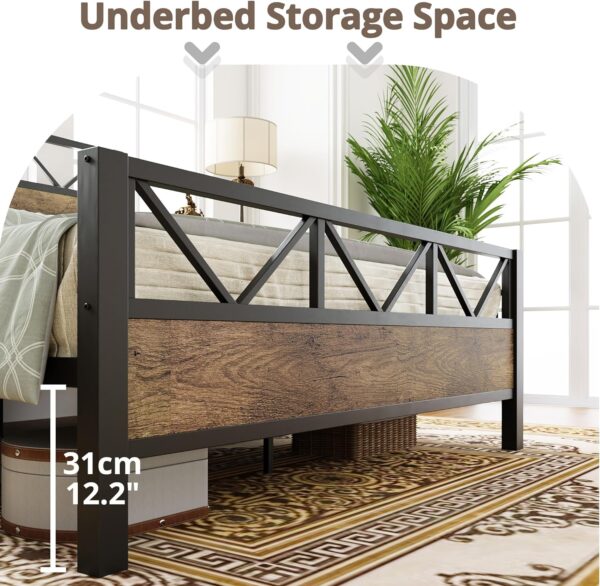LIKIMIO Queen Bed Frame, Tall Industrial Headboard 51.2 ", Platform Bed Frame with Strong Metal Support, Solid and Stable, Noise Free, No Box Spring Needed, Easy Assembly, Vintage Brown, Rustic Maple