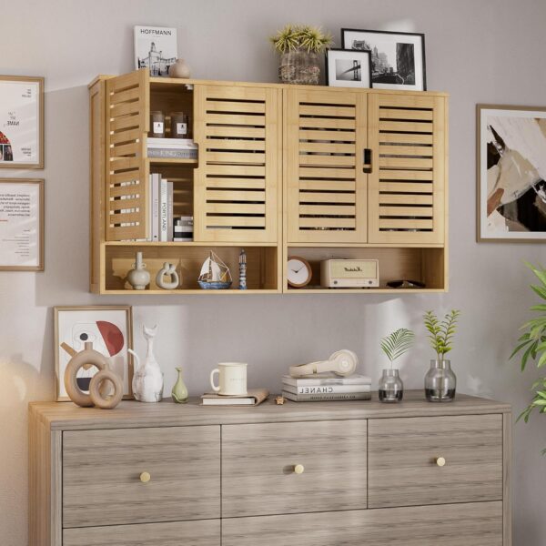SMIBUY Bathroom Cabinet Wall Mounted, Bamboo Over-The-Toilet Storage Organizer, Space Saver Medicine Cabinet with 2 Door and Adjustable Shelves (Natural)