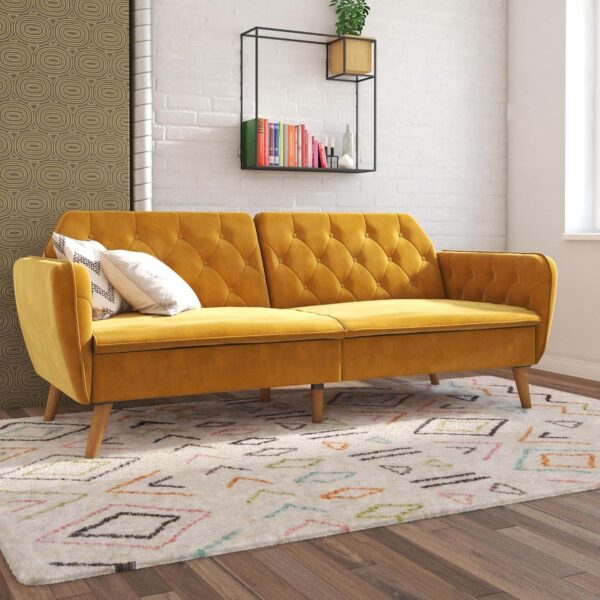 Novogratz Tallulah 83 Inch Futon Sofa Bed in Velvet Fabric, Upholstered Couch Sleeper with Memory Foam and Tufted Back, Mid-Century Modern, Mustard