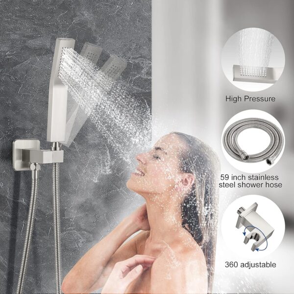 12 Inch Brushed Nickel Shower System, Wall Mounted High Pressure Rain Shower Head with Handheld Sprayer, Bathroom Luxury Rainfull Shower Head Shower Faucet Set Rough in Valve Body and Trim