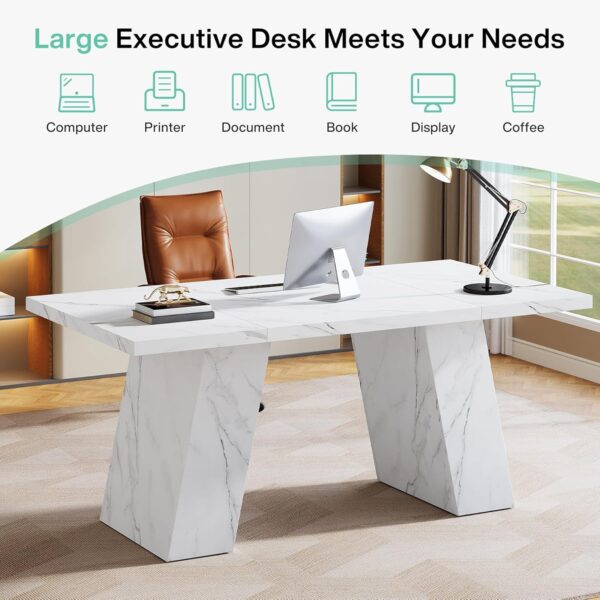 Tribesigns Modern Executive Desk, 63" Wooden Faux Marble Computer Desk with Base for Writing, White Large Simple Rectangular Workstation for Office, Conference, Meeting Room, Business Furniture & Home