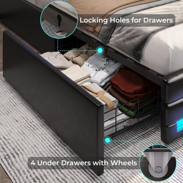 ADORNEVE Queen Bed Frame with LED Lights Leather Platform Bed with Storage Drawers and Charging Station, LED Bed Frame Queen Size with Adjustable Headboard, No Box Spring Needed, Black
