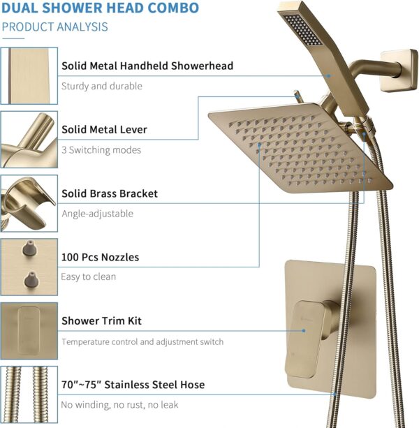 All Metal Shower Faucet Set, Dual Square Shower Head System with Handheld Wand & Rainfall Showerhead, Diverter, Hose Complete Combo, Pressure Balance Rough-in Valve Included