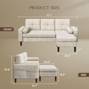 YITAHOME 78" Sectional Sofa Couch with Removable Ottoman, Cat-Scratch-Proof Fabric Sofa for Living Room Apartment, L-Shaped Sofa with 2 Cylinder Neck Pillows and Storage Pocket, Beige