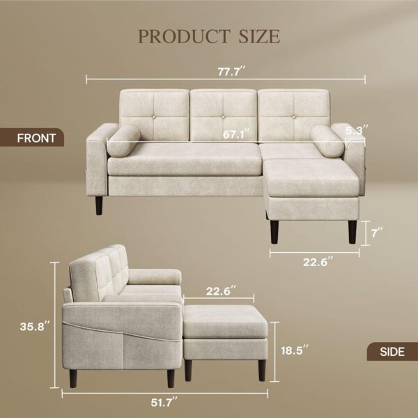 YITAHOME 78" Sectional Sofa Couch with Removable Ottoman, Cat-Scratch-Proof Fabric Sofa for Living Room Apartment, L-Shaped Sofa with 2 Cylinder Neck Pillows and Storage Pocket, Beige