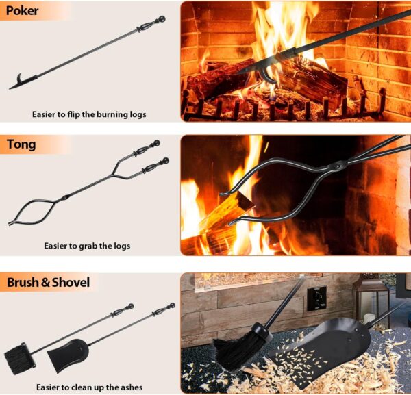 5 Pieces Fireplace Tools Sets Indoor Outdoor Wrought Iron Large Fire Place Set Tools, Fire Pit Tools with Poker Shovel Tongs Brush and Stand, Black