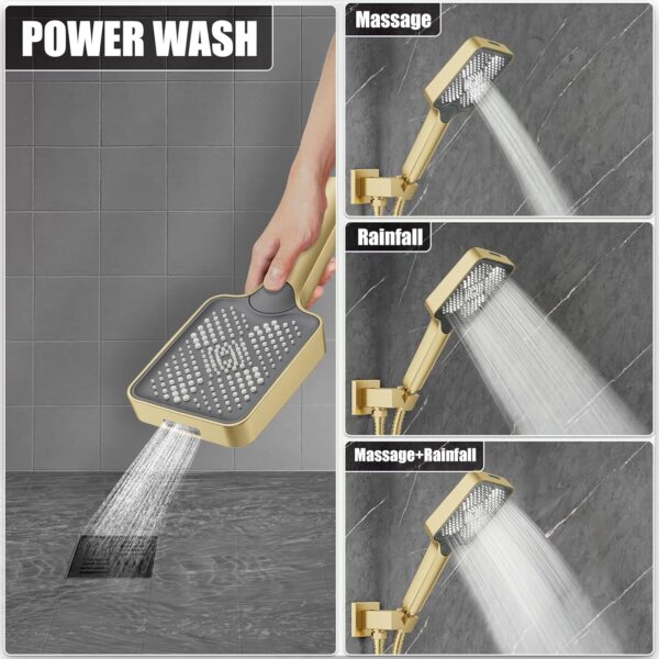 Thermostatic Shower System 13-Inch Rainfall Shower Head - 3 Setting Handheld Sprayer, Complete Bathroom Set with Faucet Mixer Trim Kit & Valve Brushed Gold