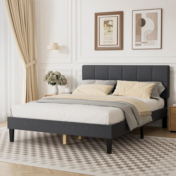 Sweetcrispy Queen Size Wood Bed Frame - Linen Upholstered Platform Bed with Headboard, No Box Spring Needed with 800LBS Sturdy Wooden Slats Support, Noise Free, Easy Assembly, Dark Grey