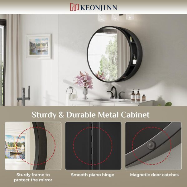 Keonjinn 28 x 28 Inch Round Black Mirror Medicine Cabinet, Modern Black Framed Vanity Bathroom Mirror with Storage