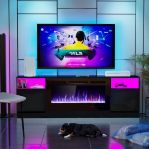 AHB 70" Fireplace TV Stand for TVs Up to 80" with 36" Electric Fireplace, TV Console for The Living Room, LED Light Entertainment Center, Storage Cabinet, Media Console Table, Black