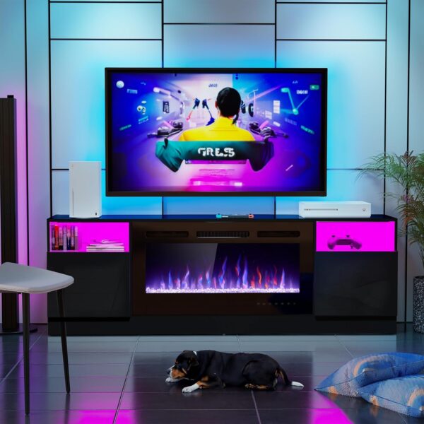 AHB 70" Fireplace TV Stand for TVs Up to 80" with 36" Electric Fireplace, TV Console for The Living Room, LED Light Entertainment Center, Storage Cabinet, Media Console Table, Black