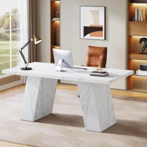 Tribesigns Modern Executive Desk, 63" Wooden Faux Marble Computer Desk with Base for Writing, White Large Simple Rectangular Workstation for Office, Conference, Meeting Room, Business Furniture & Home