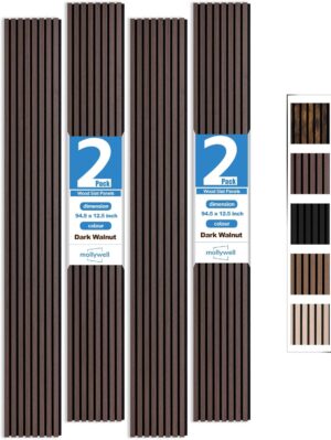 Wood Panels for Wall, Time-Saving Installation, Versatile Wood Slat Wall Decor, Enhanced Acoustic & Sound Proof Fluted Design for Home & Office, 2 Pcs Dark Walnut, 94.5x12.5 Inch