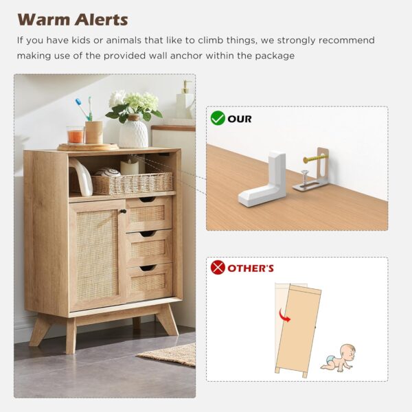 OKD Natural Rattan Small Bathroom Floor Cabinet, Mid Century Modern Storage Cabinet with Sliding Door & 3 Storage Drawers, Boho Freestanding Cabinet for Bathroom, Kitchen, Dining Room