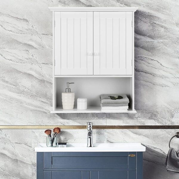 Tangkula Wall Mount Bathroom Cabinet Wooden Medicine Cabinet Storage Organizer with 2-Doors and 1-Shelf Cottage Collection Wall Cabinet (White)