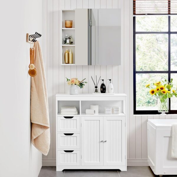 Yaheetech Bathroom Floor Cabinet, Wooden Storage Organizer with 3 Drawers and 2 Open Shelves, Freestanding Storage Cabinet with a Large Bottom Cabinet for Bathroom, Living Room, Kitchen, White