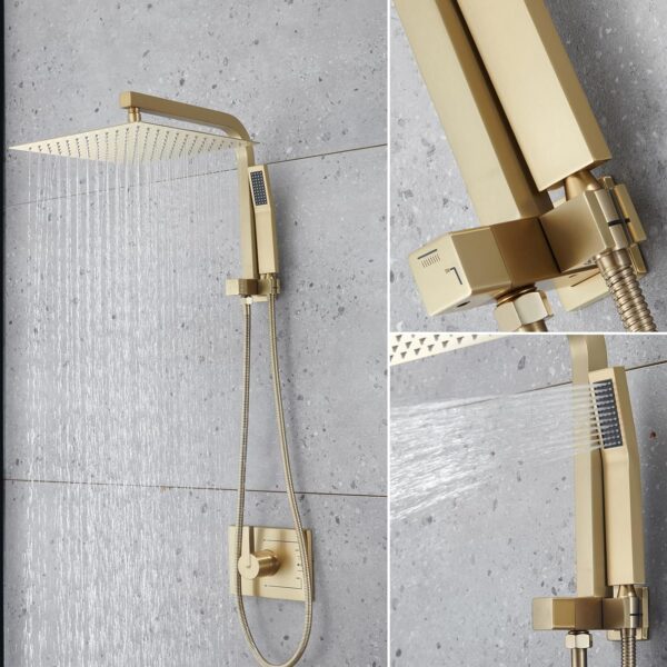 Brushed Gold Shower Fixtures, Gold Shower Faucet Set with 12 Inch Gold Shower Heads with Handheld Spray Combo and Tub Spout, Shower Systems with Rain Shower and Handheld (Valve Included)
