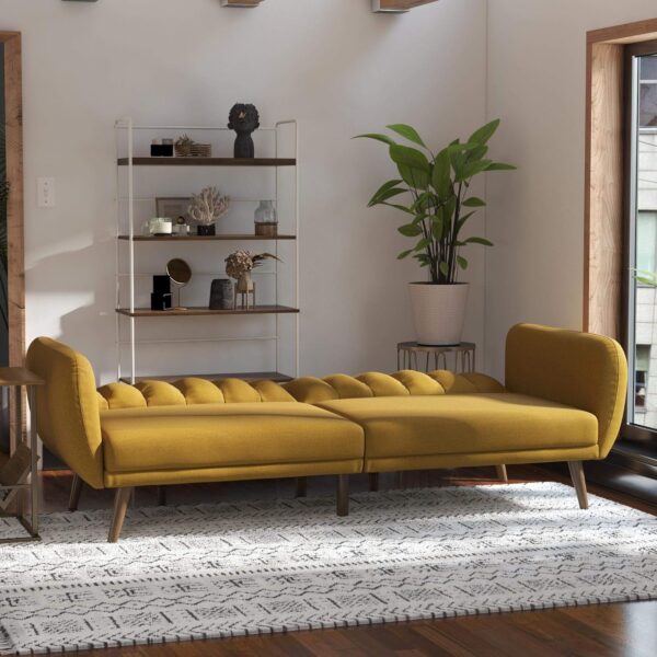 Novogratz Brittany 82 Inch Futon Sofa Bed, Upholstered Couch Sleeper with Tufted Back, Mid-Century Modern, Mustard
