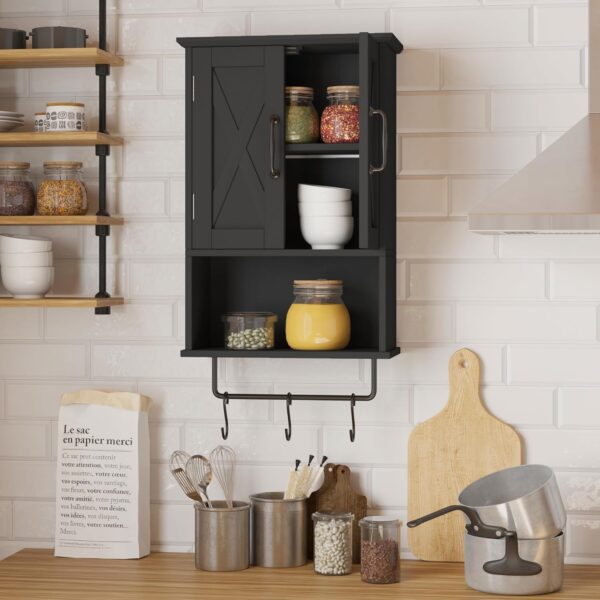 ChooChoo Farmhouse Medicine Cabinet, Bathroom Wall Cabinet with Adjustable Shelf, Towel Bar, 3 Hooks, Over The Toilet Storage Cabinet for Bathroom, Kitchen, Black