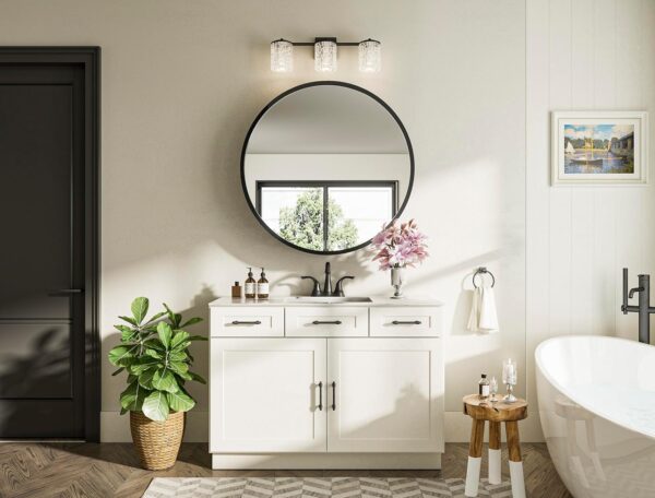 Keonjinn 28 x 28 Inch Round Black Mirror Medicine Cabinet, Modern Black Framed Vanity Bathroom Mirror with Storage