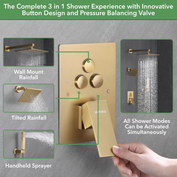VANFOXLE Shower Faucet Set Brushed Gold Shower System,Push Button Diverter Shower Faucet with 2 in 1 Handheld, Wall Mount 10 Inch Shower Head with 6 Inch Shower Head