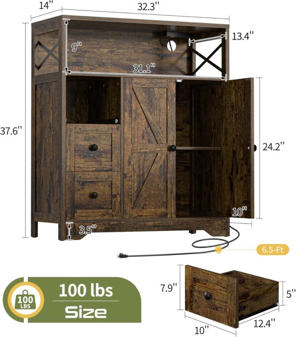 Yoobure Storage Cabinet with Doors and Shelves, LED Coffee Bar Cabinet with Power Outlet, Farmhouse Kitchen Buffet Cabinet with Drawers Accent Pantry Cabinet Sideboard for Living Room Entryway