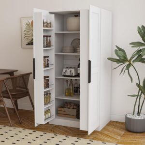 22 inch Deep Kitchen Pantry Cabinet Storage Organizer with Fridge Space,Wood White Food Kitchen Cupboard with 12 Door Shelves Storage Dining Room Furniture (White)