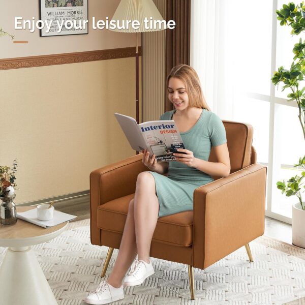 VINGLI Modern PU Leather Accent Chair for Living Room,Bedroom Comfy Chair Arm Chair Reading Chair with Golden Metal Legs and Deep Seat for Office,Apartment,Small Space,Cognac