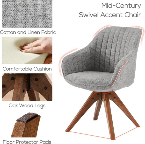 Art Leon Desk Chair - Mid Century Modern Office Chair No Wheels, Swivel Accent Chair with Oak Wood Legs, Fabric Upholstered Arm Chair, Gray