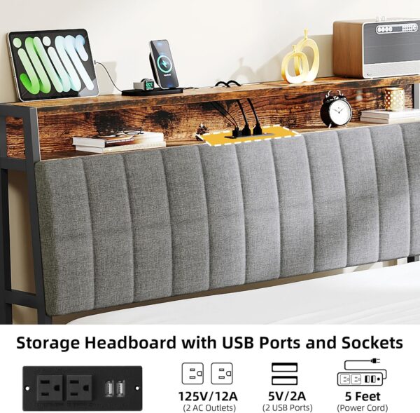 DWVO Queen Size Bed Frame, Platform Bed Frame with Charging Station, Upholstered Storage Headboard Metal Bed Frame with USB Ports, No Box Spring Needed, Under Bed Storage, Easy Assembly, Rustic Brown