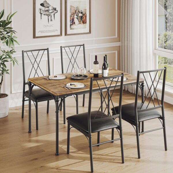 Dining Table Set for 4, Kitchen Table and Chairs, 5-Piece Metal and Wood Indoor Modern Rectangular Dining Table Furniture Set for Kitchen, Dining Room, Dinette, Breakfast Nook w/ 4 Chairs