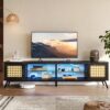 Bestier 80 Inch Black Rattan TV Stand with Storage for 85 Inch TV, 4-in-1 Mid Century Modern Entertainment Center with LED Lights, Doors and Adjustable Glass Shelves for Living Room