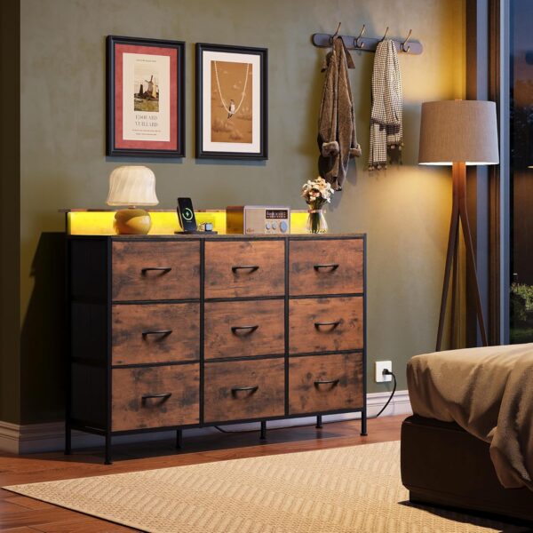 WLive TV Stand for 55 inch, White LED Dresser with Charging Station, 9 Drawer Chest of Drawers for Bedroom & Living Room