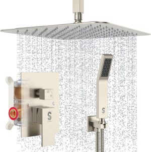 SR SUN RISE 16 Inches Brushed Nickel Shower System Bathroom Luxury Rain Mixer Shower Combo Set Ceiling Mounted Rainfall Shower Head Faucet (Contain Shower Faucet Rough-In Valve Body and Trim)